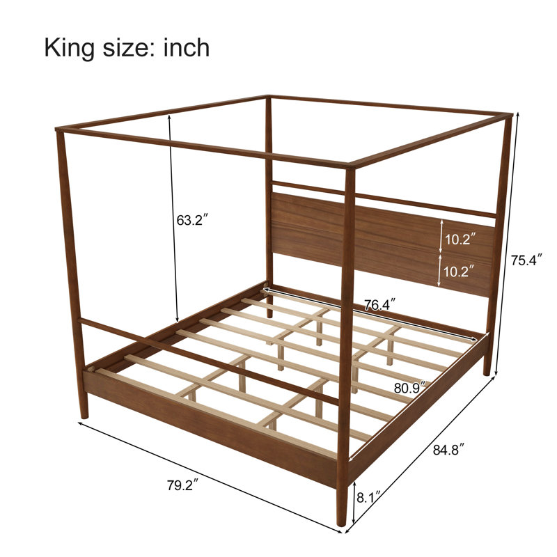 Solid Wood Canopy Bed Frame Four Posters Bed No Box Spring Needed, Walnut, King
