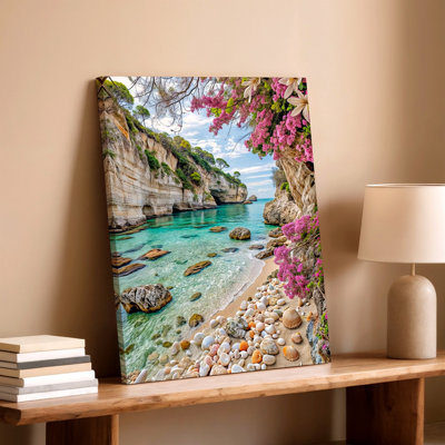 «Coastal Beach Cove», eau turquoise, coquillages, fleurs roses, reproduction d'art sur toile, rose, turquoise, botanique, paysage naturel, décoration murale pour salon, bureau de chambre à coucher