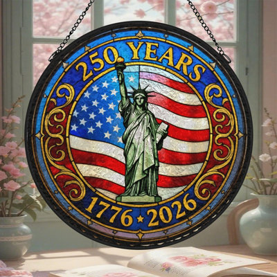 Statue de la Liberté, drapeau américain, célébration du 250e anniversaire, vitrail pour fenêtre