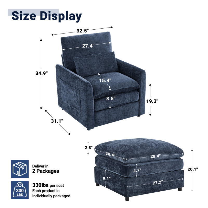 32.5''W Modern Upholstered Accent Chair With Ottoman, Blue