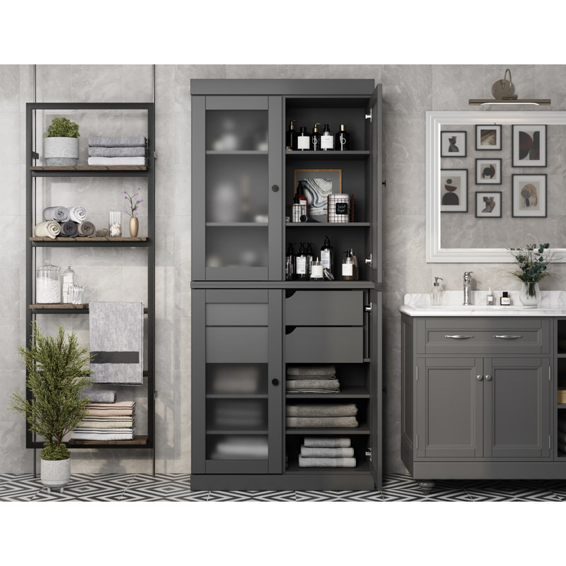  Armoire de rangement autoportante en bois massif l 32 po x H 71,5 po avec portes en verre givré, 2 tiroirs et tablettes réglables - Organisateur de salle de bain moderne