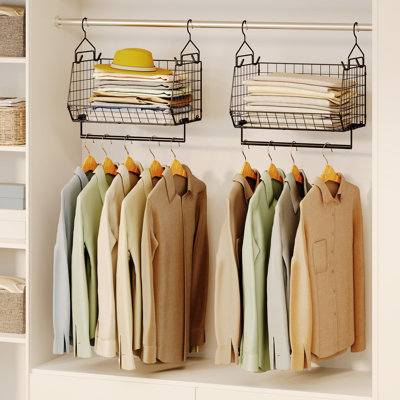 2 Tier Closet Hanging Organizer With Rod, Foldable Hanging Closet Organizer, Hanging Closet Shelves With 4 Hooks,Wire Hanging Storage Basket Bins For
