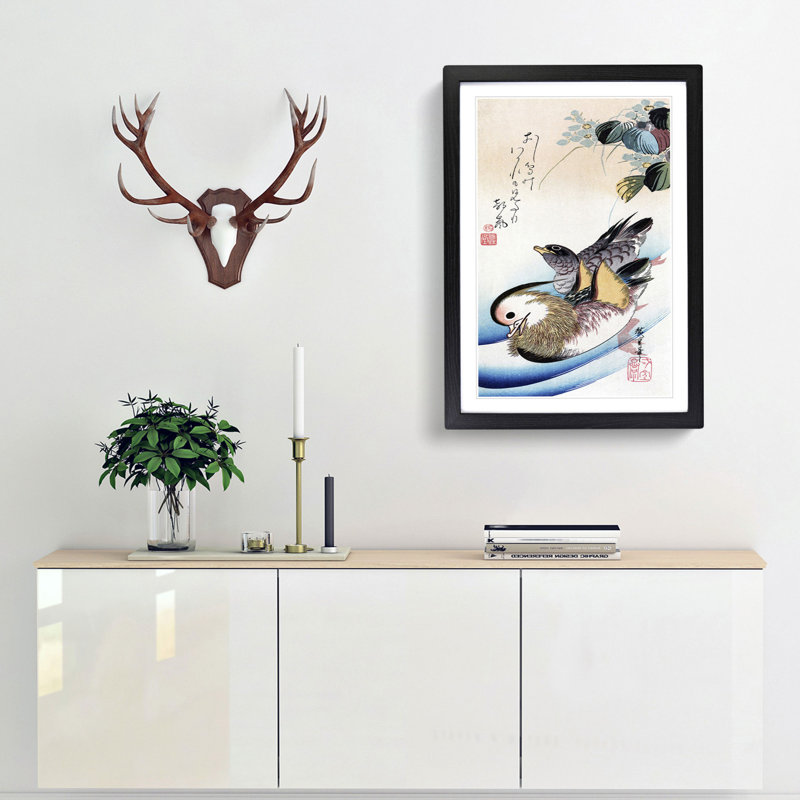 Two Mandarin Ducks by Utagawa Hiroshige - Picture Frame Painting Print, 65cm H x 48cm W x 2cm D, Black Framed