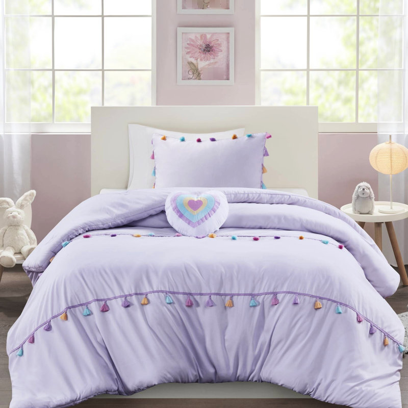 Literie simple en lavande avec 2 taies décoratives et un oreiller en forme de cœur - édredon en microfibre à pampilles, sécuritaire pour la peau