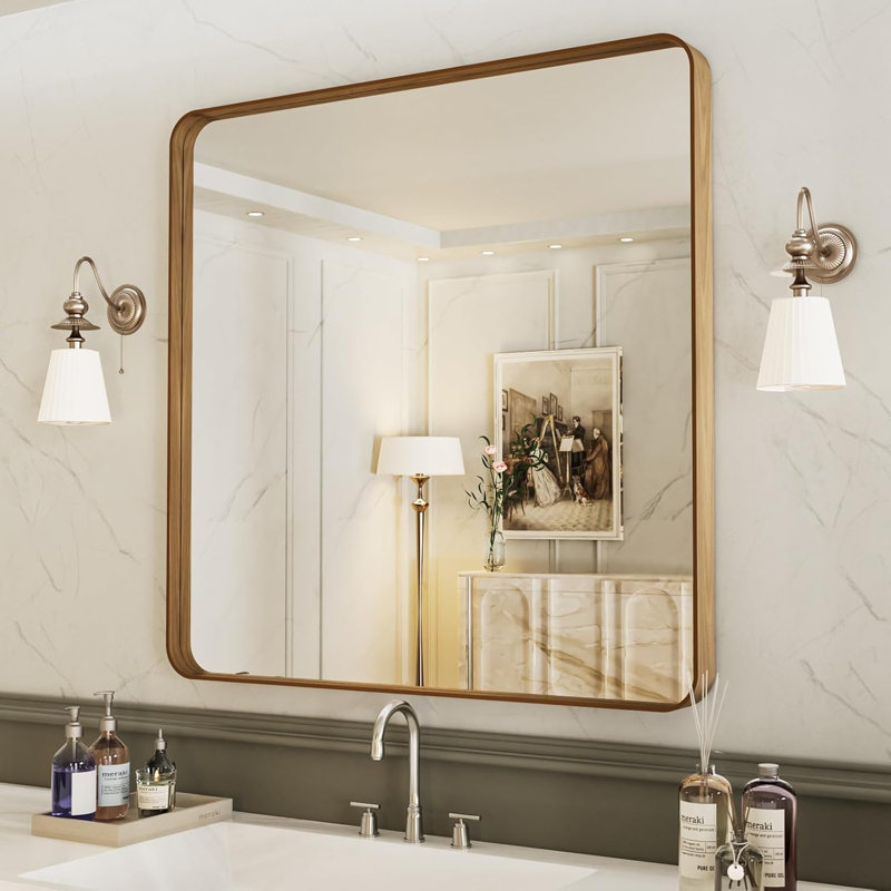 Miroir de salle de bain 38 x 38 pouces avec cadre en métal de couleur grain de bois, miroir de salle de bain rectangulaire arrondi avec cadre en métal, antirouille, suspendu horizontalement ou verticalement, verre trempé