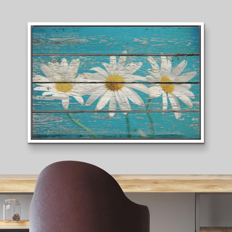 Art rétro sur toile effet fleurs de marguerite rétro sur fond en bois, Cadre flottant blanc, H 16 po x l 24 po x 1,5 po