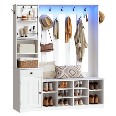 Hall Tree with Bench and Shoe Storage, 59.1" Farmhouse Entryway Bench with Coat Rack and Fabric Drawer, 11 Coat Hooks 