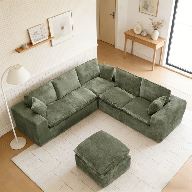 107'' Modern Boucle L-shaped Sectional Sofa, Green, 6