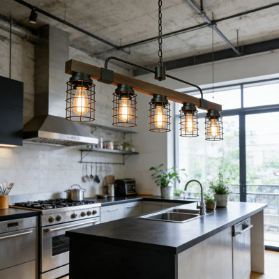 Lustre de ferme 5 lumières linéaire, luminaire suspendu cage en métal rustique pour îlot de cuisine, salle à manger, salon