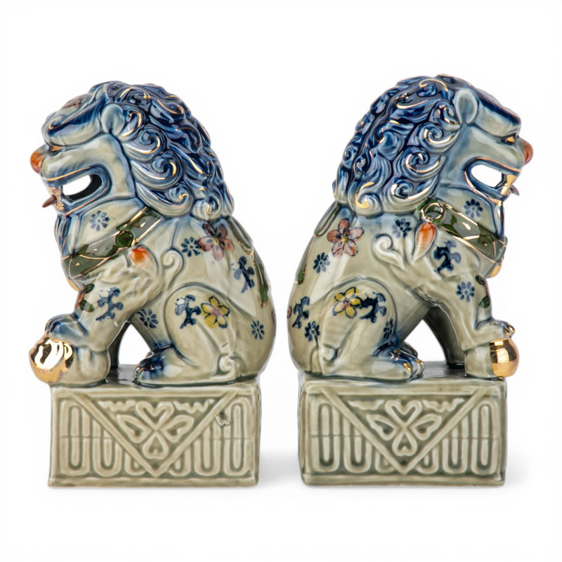 Porcelain Lucky Foo Dogs – Hand-Painted Floral (Set of 2)