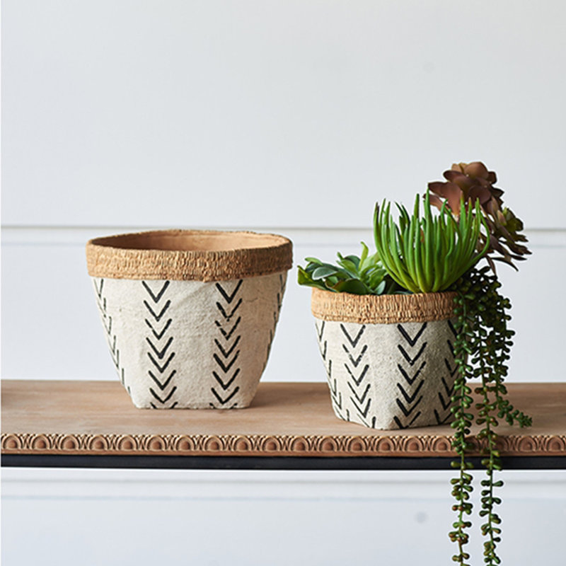 Ensemble de 2 pots à fleurs ronds blancs et bruns avec motif en V, l 10 x 8 po x P 8 po x P 6,5 po