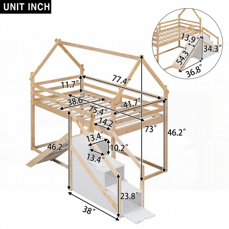 Lit mezzanine simple ou lit superposé simple avec glissade et escalier, aucun sommier nécessaire, fabrication robuste
