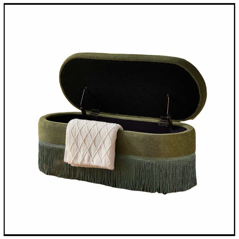 Banc ovale rembourré avec rangement rabattable et pieds robustes, Vert