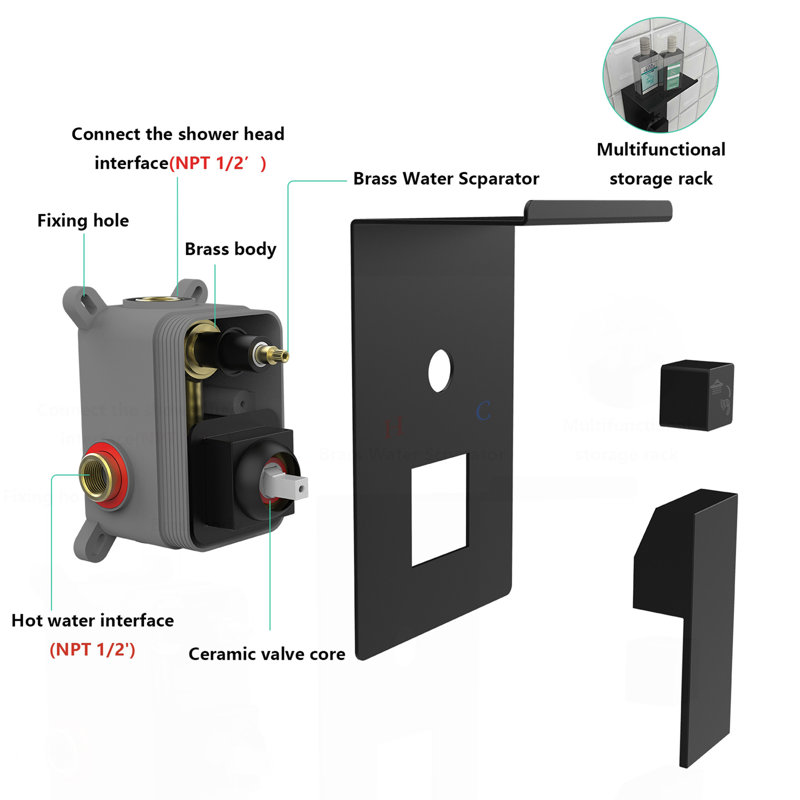 Rainfall Shower System With Storage Rack 10 Inch Shower Faucet Set Matte Black With High Pressure With Square Shower Head Luxury Shower Set Wall Mount