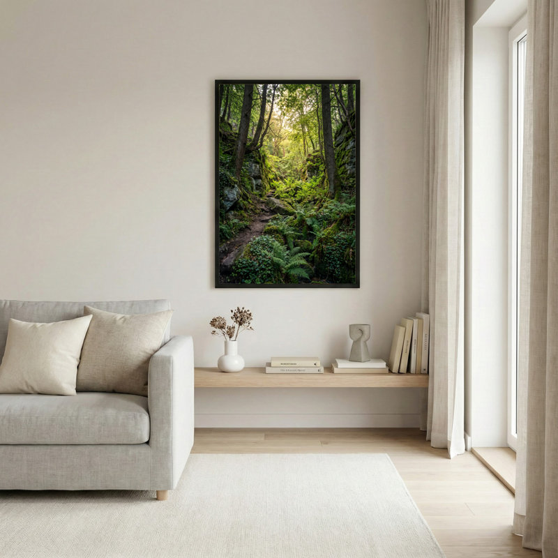 Toile noire encadrée en bois noir pour le salon, la chambre à coucher, le bureau ou le vestibule - décoration murale décorative avec chemin forestier