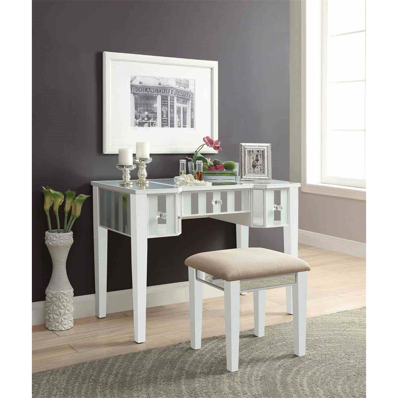 Ensemble de coiffeuse de style transitionnel avec tiroirs de rangement, miroir central et tabouret rembourré pour des meubles de chambre à coucher élégants