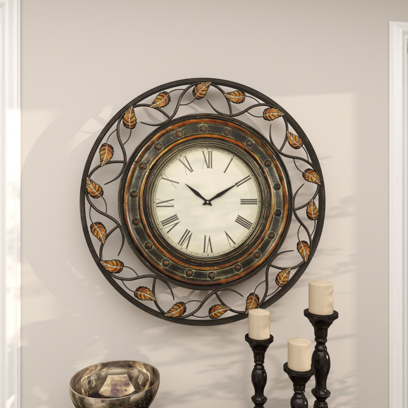 Brown Metal Leaf Medallion Decorative Wall Clock with Scrolled Vines and Floral Accents