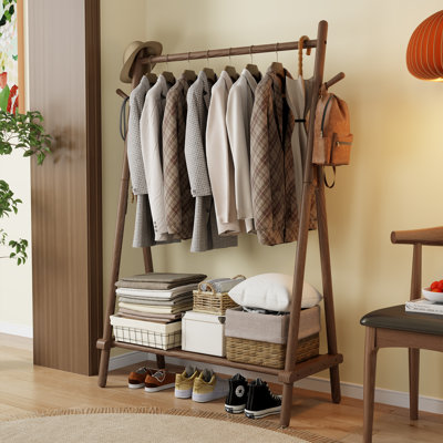 Solid Wood Clothing Rack, Freestanding Garment Organizer with Bottom Shelf and Side Hooks