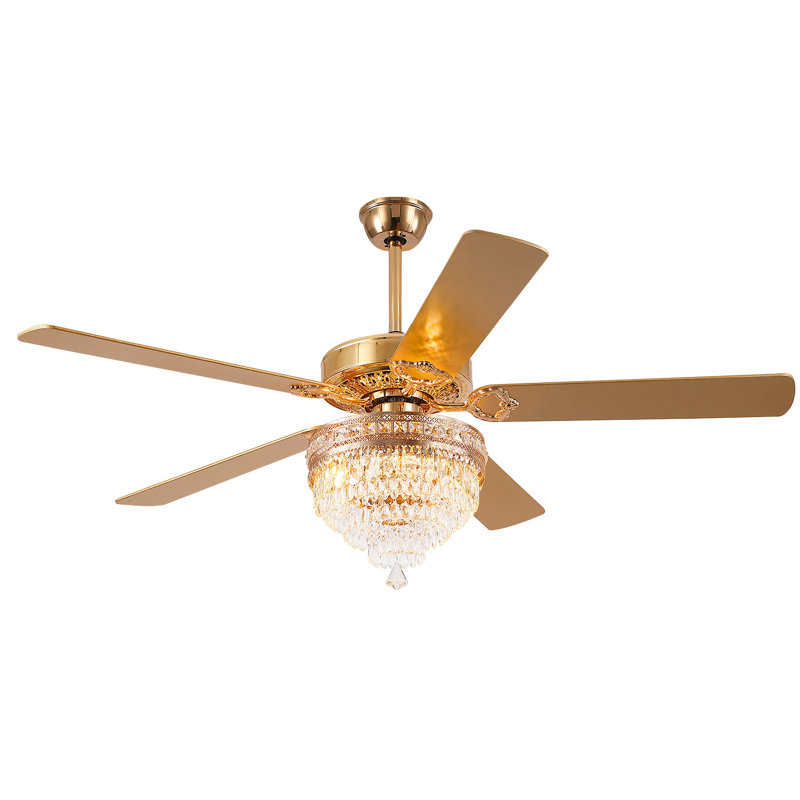 52" Crystal Ceiling Fan Fandelier with Lights,For Bedroom Kitchen Patio Remote Control, Gold, 52"