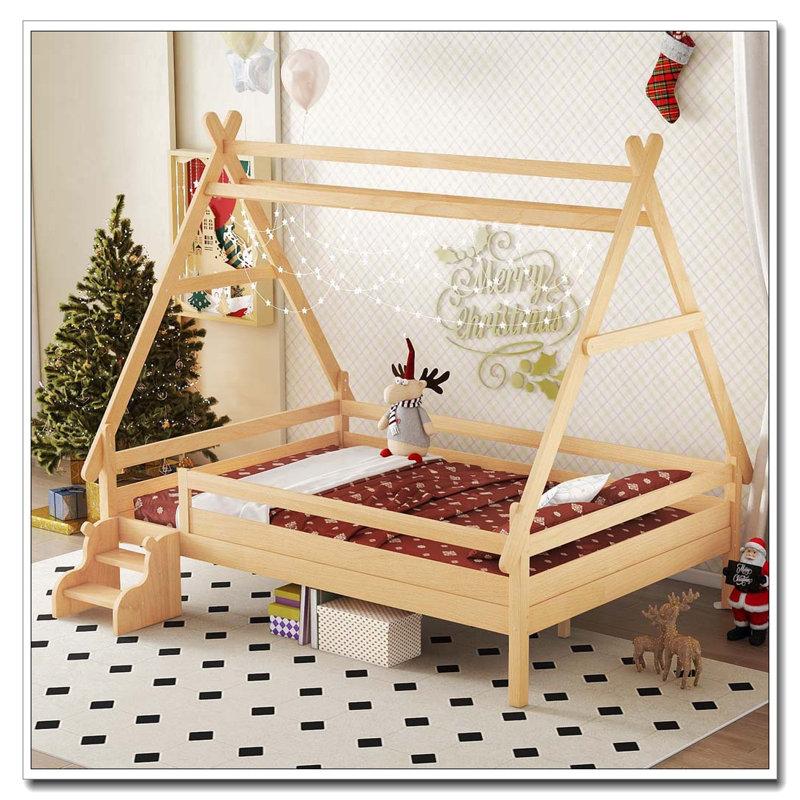 Lit plateforme double avec escalier, Double, Naturel