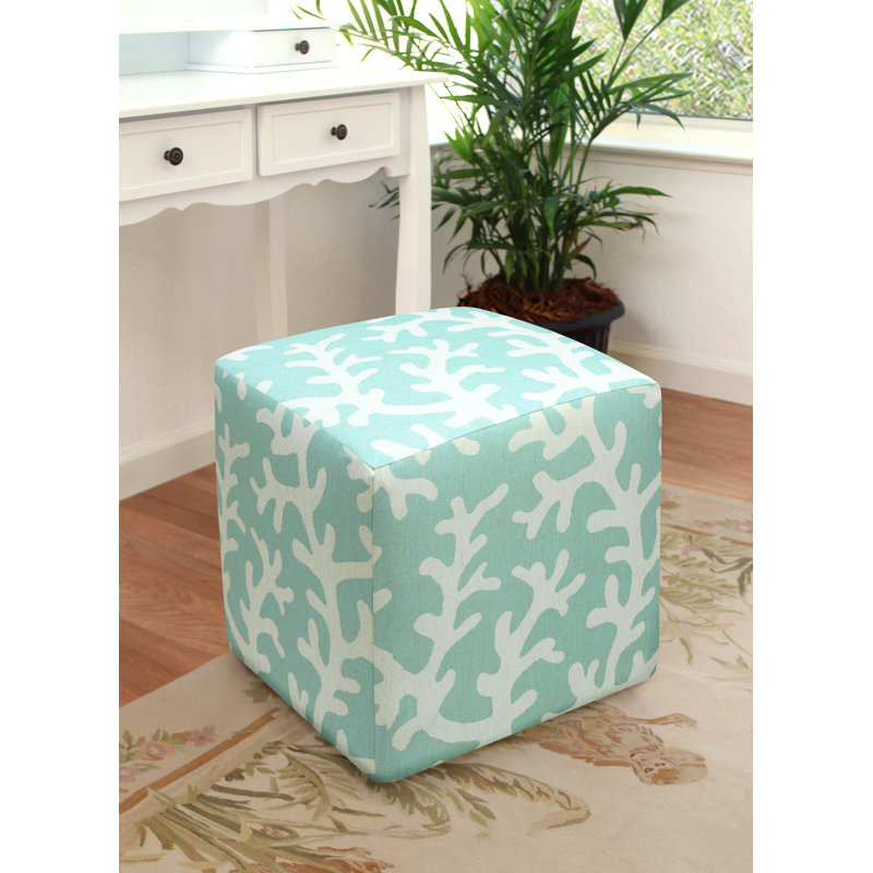 Coral Upholstered Ottoman, Aqua 100% Linen