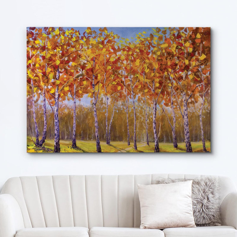 Décoration murale abstraite arbres de forêt abstraits avec feuilles jaunes en forêt, Toile tendue, H 32 po x l 48 po