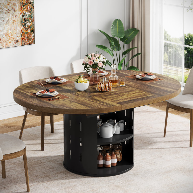 43.3''-59'' Extendable Round Dining Table For 4-6, Brown, Black