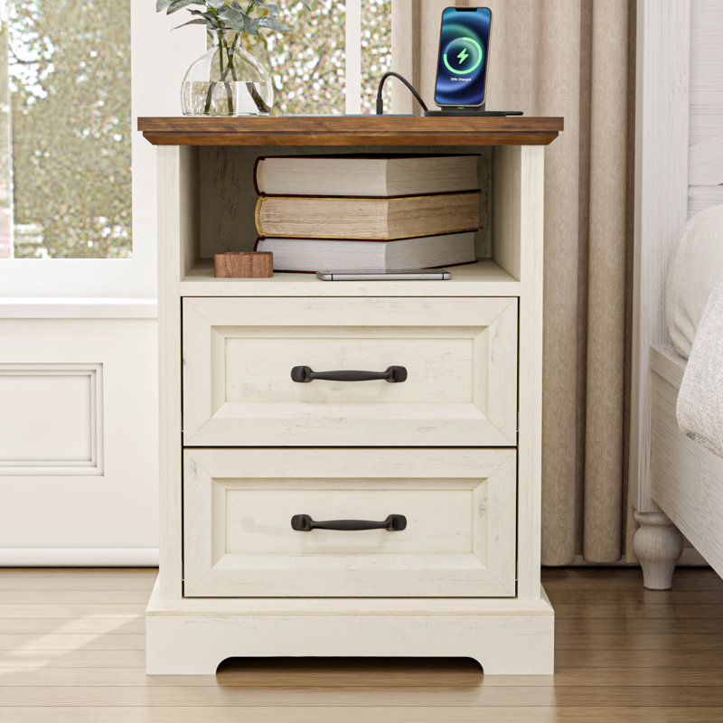 Kadric 17.7'' W Farmhouse Nightstand With Built-in Outlets, 2 Drawers and Open Shelf, White/Brown