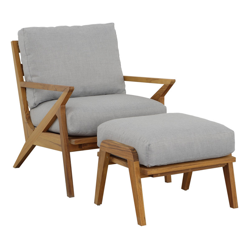 Hatteras Teak Patio Chair with Cushions and Ottoman, Pewter