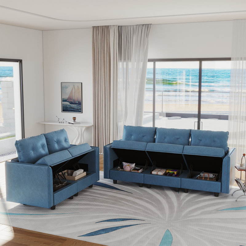 Canapé modulaire avec rangement 2 pièces Zendajas, Mélange de polyester bleu ciel