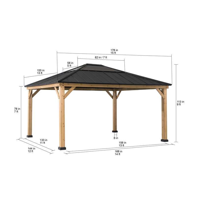 Sunjoy Mavis Outdoor Patio 13 ft. x 15 ft. Cedar Framed Gazebo with Black Steel and Polycarbonate Hip Roof Hardtop