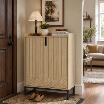 Modern Entryway Shoe Cabinet with Doors, Narrow Shoe Organizer Rack with Metal Frame, for Foyer, Hallway, Living Room, Holding 25 Pairs