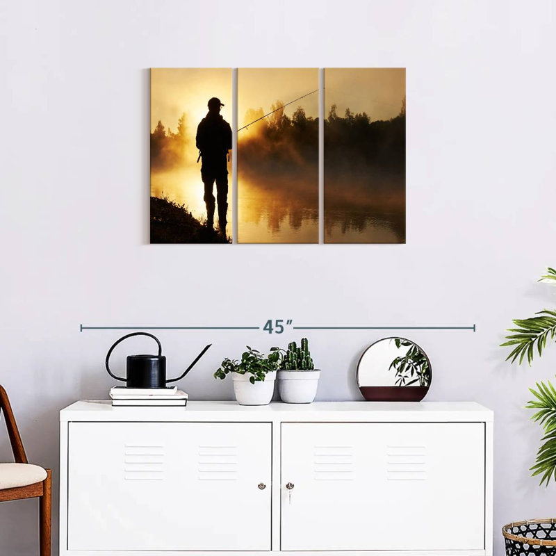 «Foggy Riverbank Fishing», 3 pièces sur toile, H 20 po x l 33 po x P 1,25 po