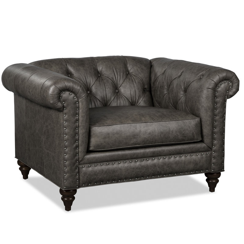 Chaise avec accoudoirs en cuir véritable 52 po Taheem CAL117, Cuir véritable gris