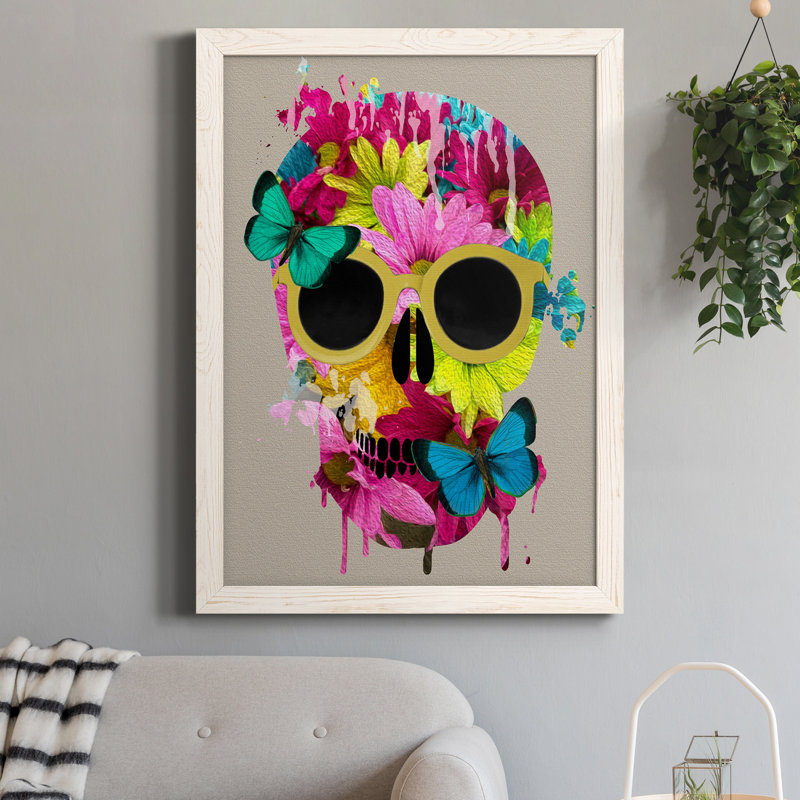 Crâne floral - peinture sur toile encadrée, H 24 po x l 18 po x P 1,5 po, Blanc