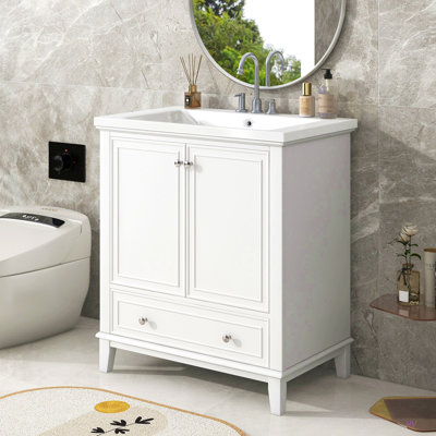 Ensemble de meuble-lavabo 30 po avec lavabo, armoire de salle de bain multifonctionnelle avec portes et tiroir, structure solide et panneau de fibres à densité moyenne