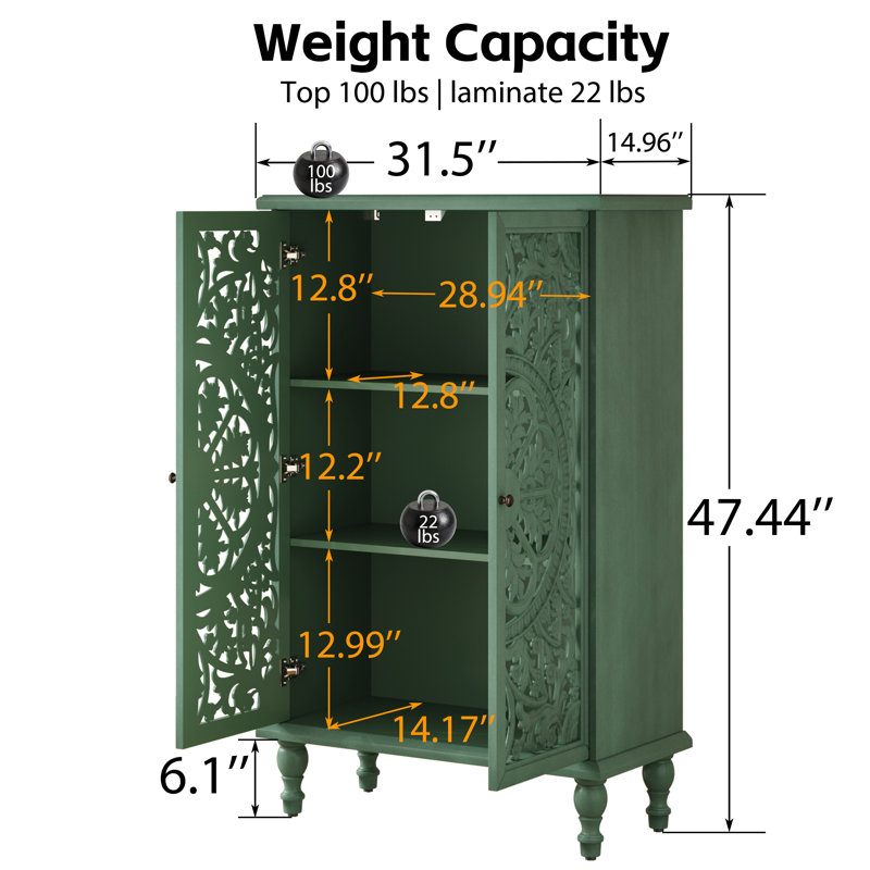 Buffet vintage sculpté et ajouré avec tablette réglable, meuble d'entrée indépendant à 2 portes pour salon ou salle à manger, vert antique