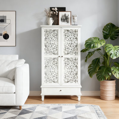 Rustic Tall Storage Cabinet With Drawer And Carved Wood Doors, Featuring Solid Wood Legs For Versatile Home Organization.