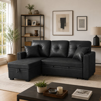 Faux Leather Sleeper Sofa With Reversible Chaise,Brown Convertible Sofa Bed