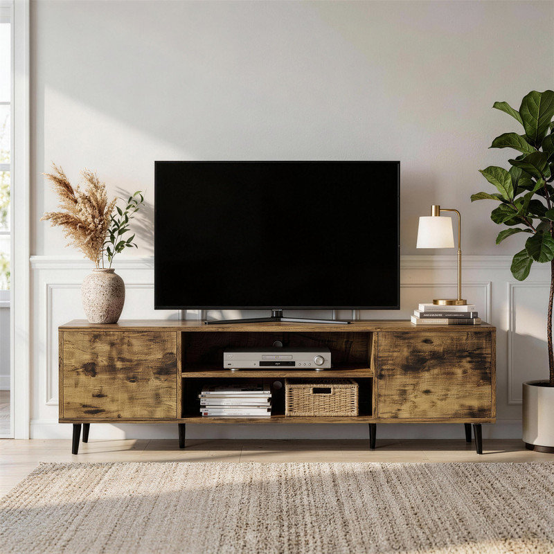 Modern TV Stand with Ample Storage, Fits TVs Up to 70 Inches, Burnt Wood