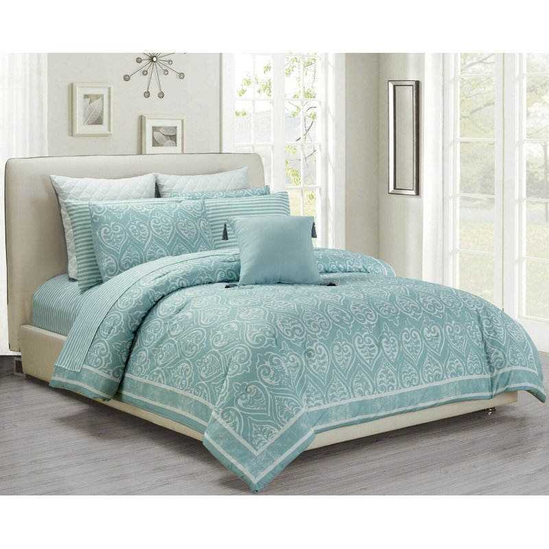 Ensemble d'édredon réversible Mareeya, Menthe, Édredon double / grand + 2 taies d'oreiller
