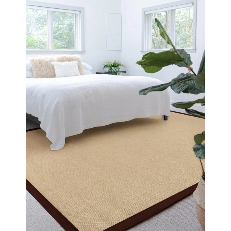 Nannette Handmade Light Beige Berber with Brown Cotton Border Made in the USA Area Rug, Rectangle 8' x 11'