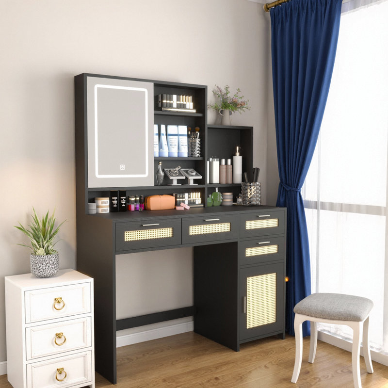 43" Rattan-Accent Vanity – 3-Color LED Mirror, 4 Deep Drawers, Sliding Cabinet, Hidden Back-Of-Mirror Storage, Nightstand Mode