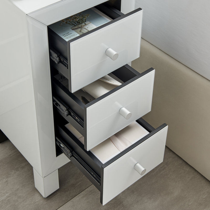 Alexa Chic Slimline 3 Drawer Mirrored Nightstand - Sleek Modern Design, White, Small