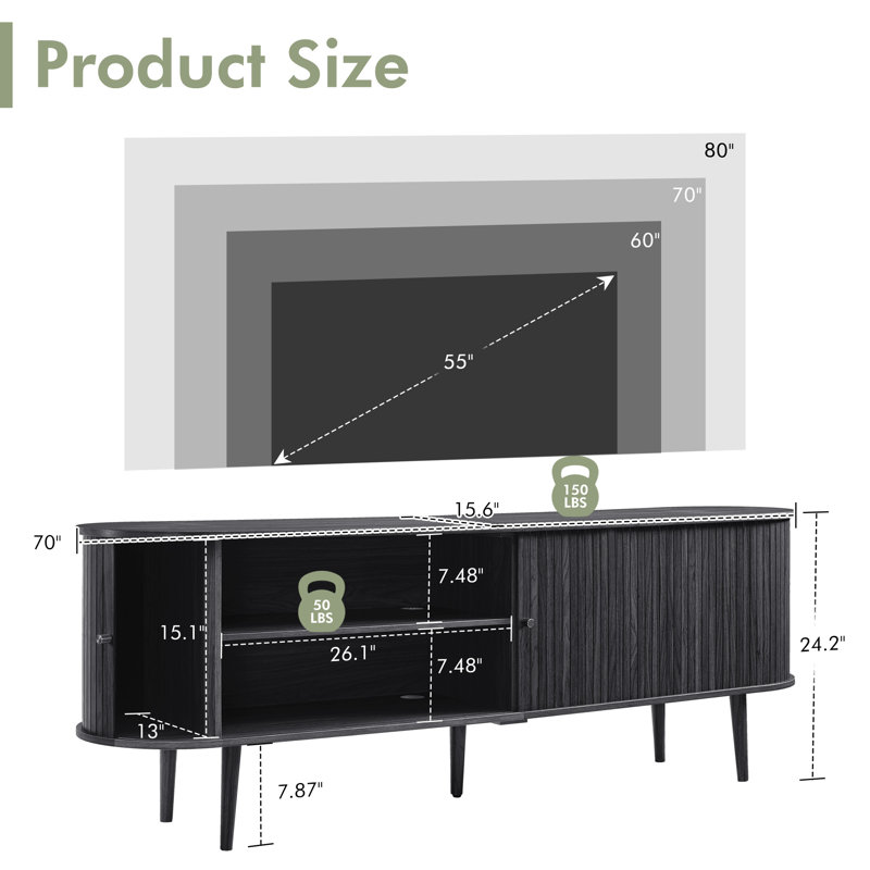 Baheerah TV Stand with Tambour Doors, Black, 24.2" H x 70" L x 15.5" W