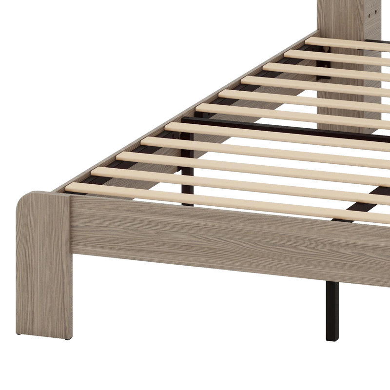 Lit plateforme tout-en-un avec tête de lit à DEL, ports USB et rangement spacieux, Gris matinal, Grand lit
