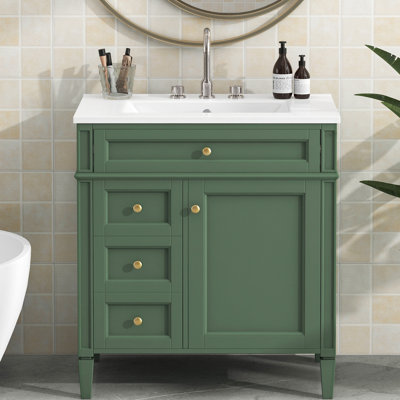 Meuble-lavabo de 30 po avec lavabo en céramique supérieur, 3 tiroirs, organisateur de porte d'armoire, glissières de tiroir en métal lisse, rangement ambre et armoire de rangement, tablette réglable, poignée texturée, multi-usages