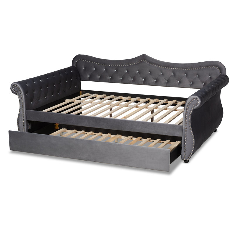 Gray Velvet Upholstered Full Daybed with Tufted Trundle