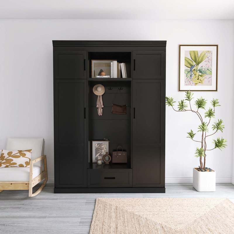 Arbre d'entrée 85,2 po H noir avec armoire et 3 crochets, Noir