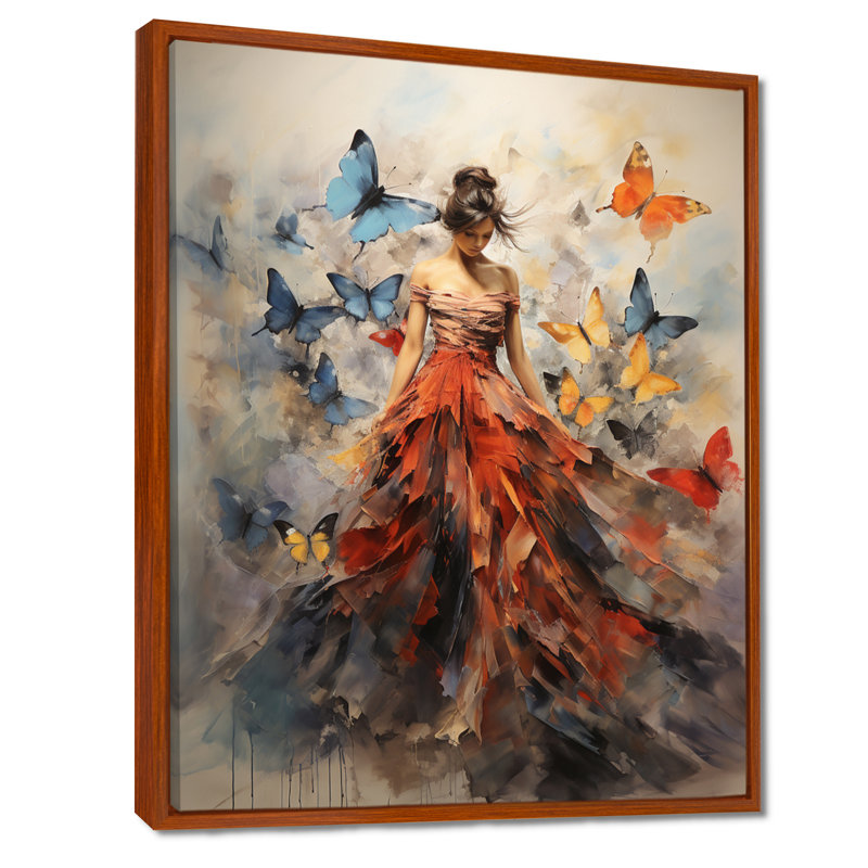 Papillon et femme dansant I - art mural papillon, Reproduction avec cadre flottant, H 32 po x l 24 po, Brun